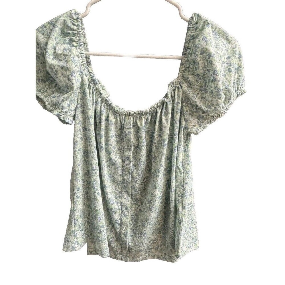 No Comment NY LA Blue Floral Top XL Women Short Balloon Sleeve Button Stretch